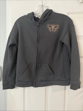 Girls' Black Hooded Zip-Up Jacket with Heart Rhinestone Accent